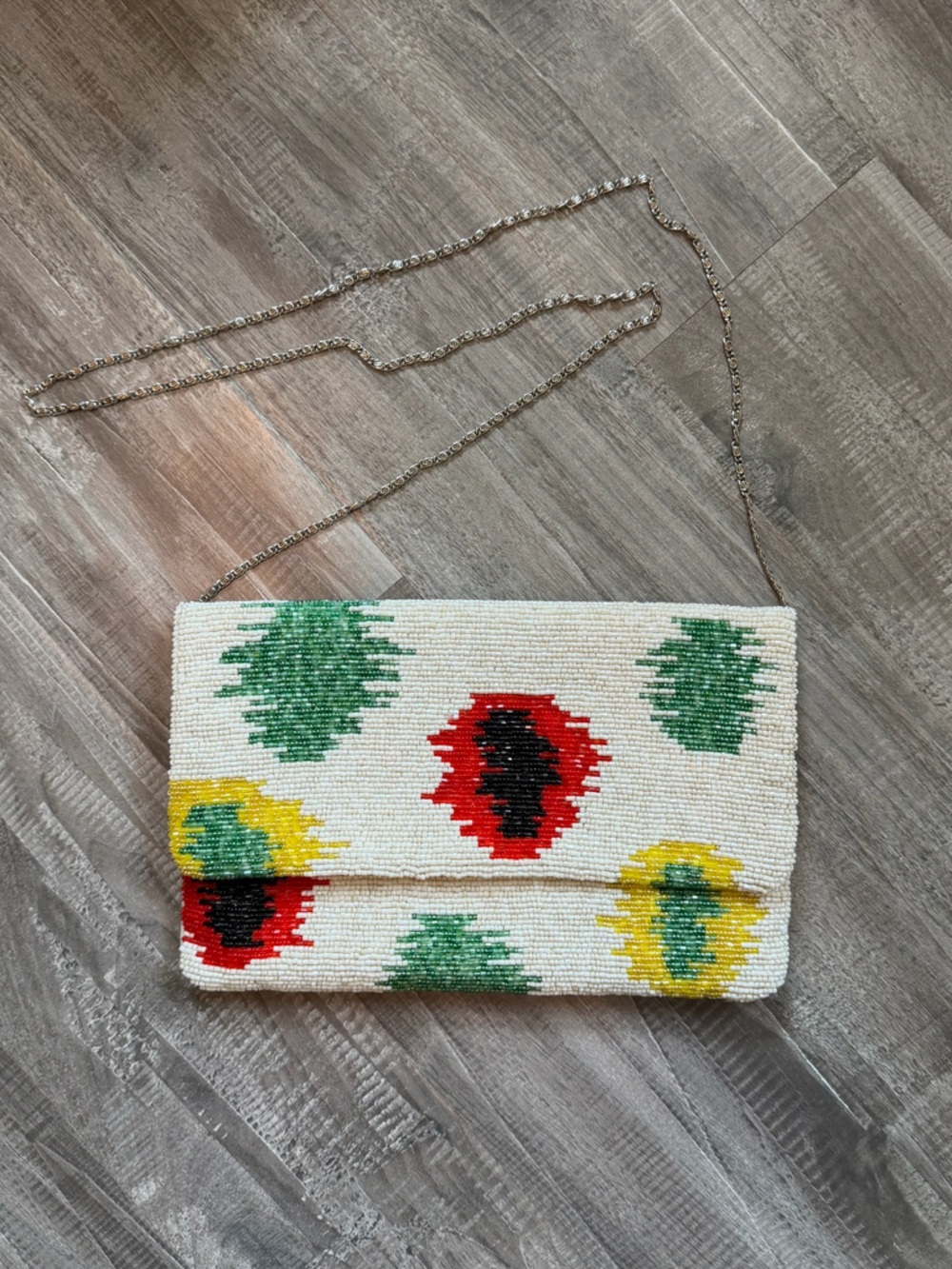 Christina Greene Beaded Floral Motif Clutch with Chain Strap - White Multi